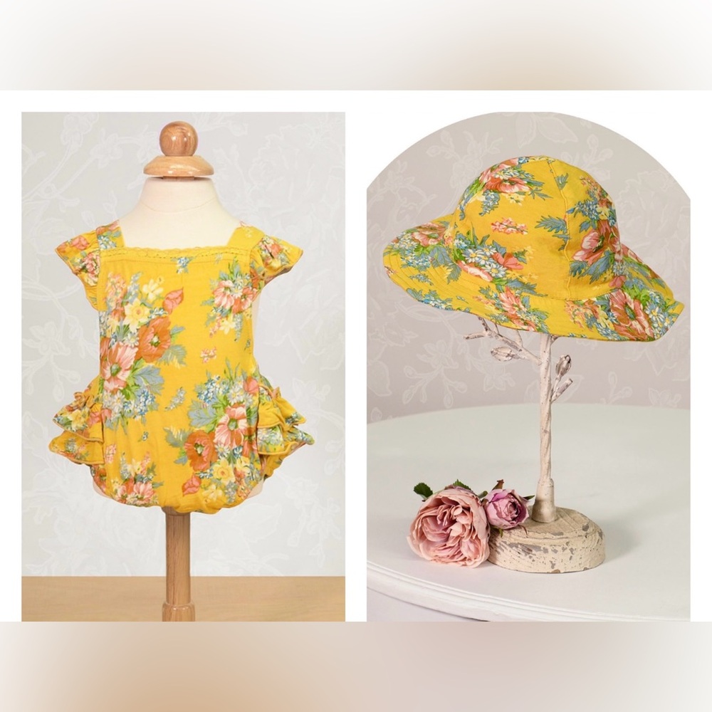 NWT- Yellow Floral Baby Sun Romper & Hat Set